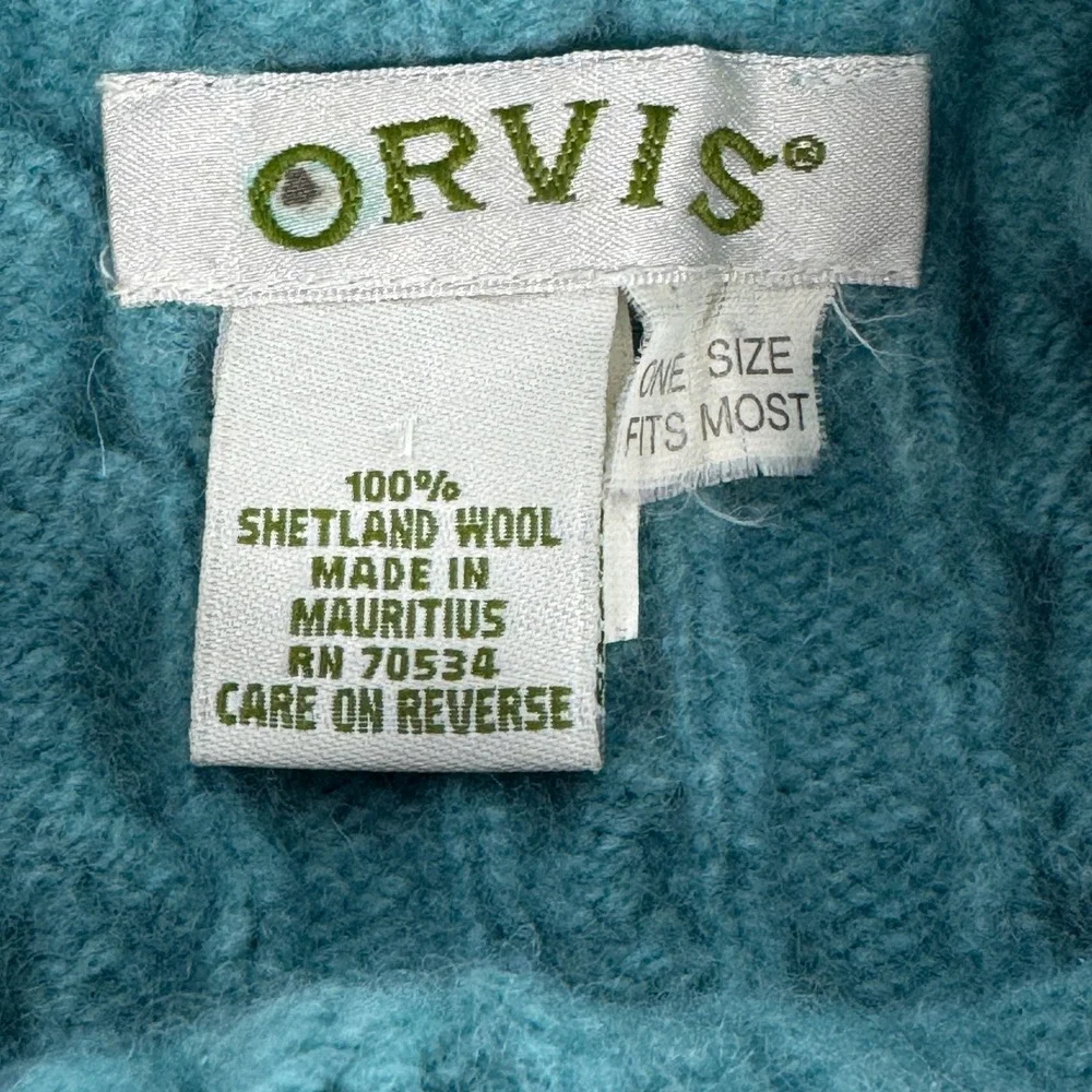 Orvis 100% Shetland Wool Cable Knit Beanie Hat Green Teal 87CH